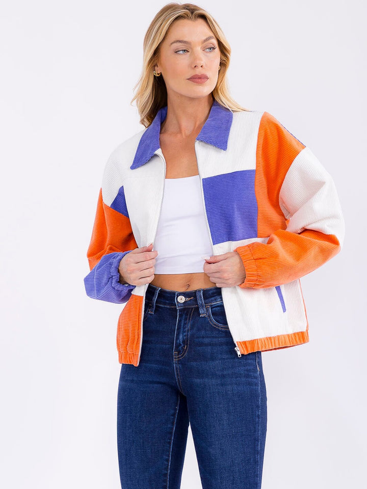 WOMEN'S LONG SLEEVE ZIPPER CLOSURE FRONT POCKETS COLORBLOCK CORDUROY JACKET