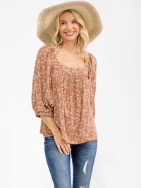 WOMEN'S 3/4 SLEEVE SQUARE NECK FLORAL TUNIC BLOUSE