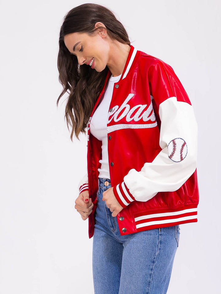 WOMEN'S LONG SLEEVE BUTTON CLOSURE FRONT POCKETS PU PLEATHER VARSITY JACKET
