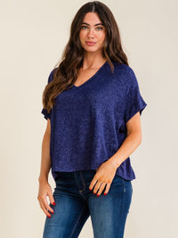 ENTRO WOMEN'S SHORT SLEEVE V-NECK LOOSE FIT SOLID TOP