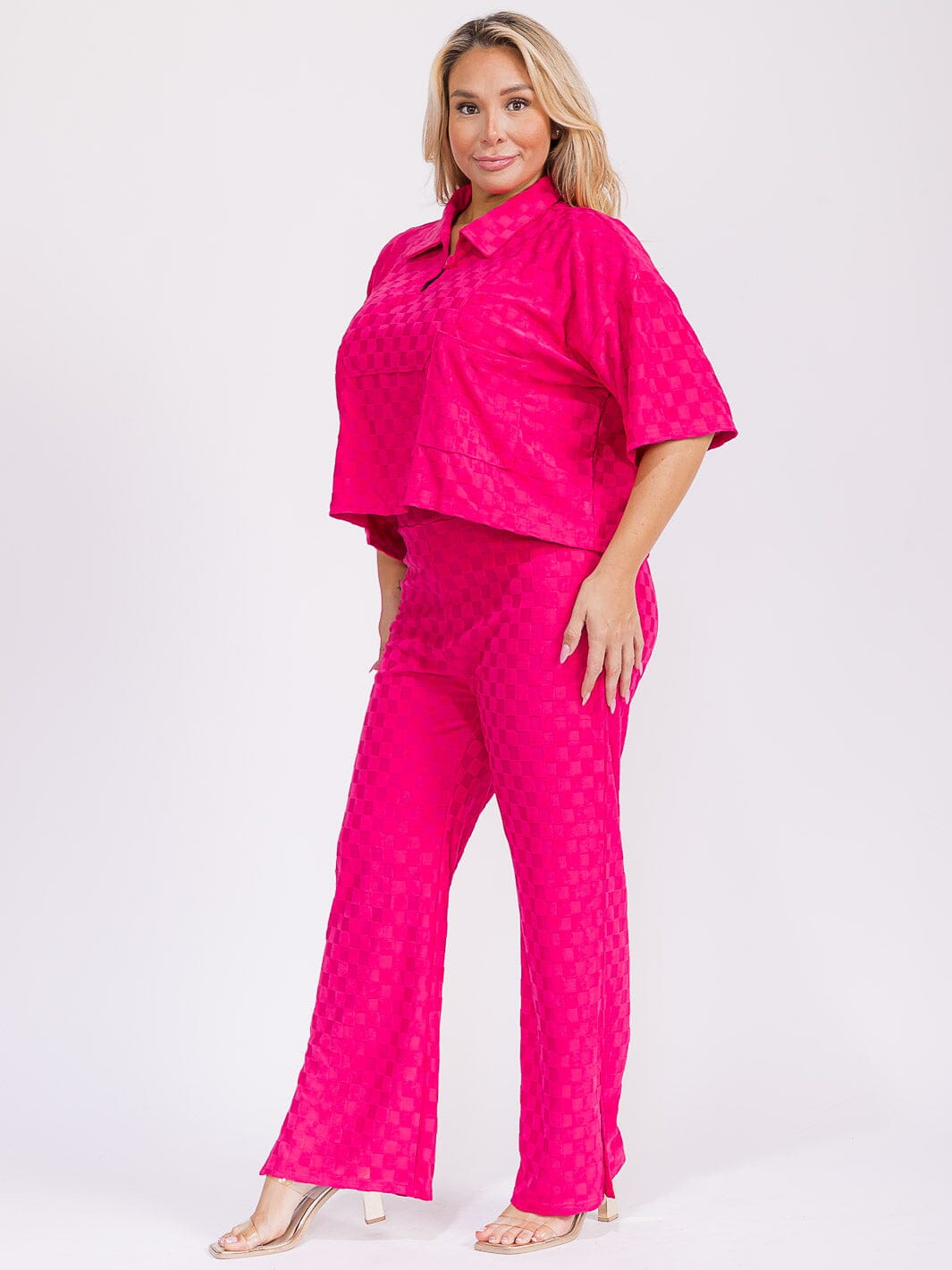 PLUS SIZE SHORT SLEEVE BLOUSE & ELASTIC WAIST WIDE LEG PANTS CHEKERS 2PC. SET