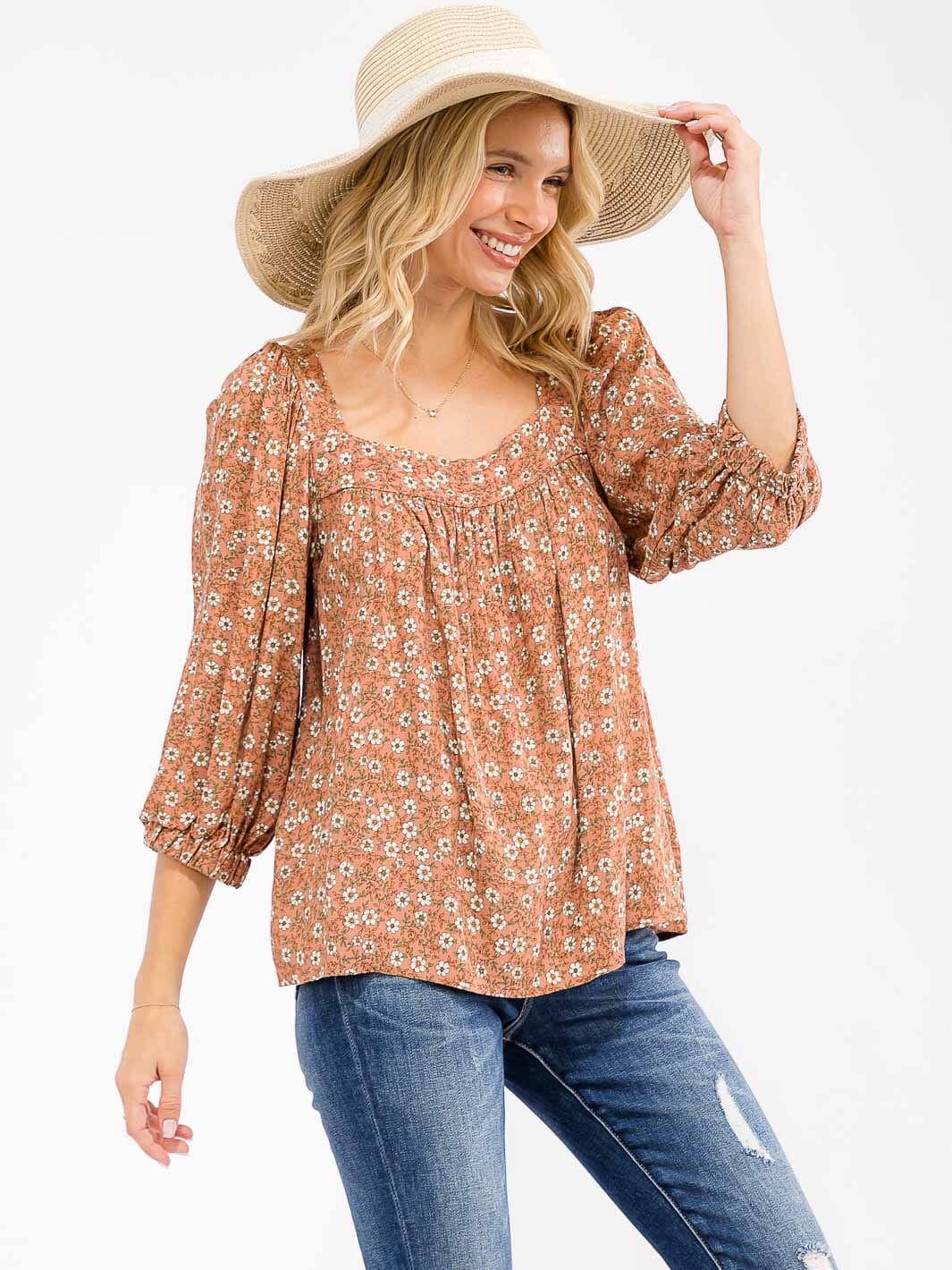 WOMEN'S 3/4 SLEEVE SQUARE NECK FLORAL TUNIC BLOUSE