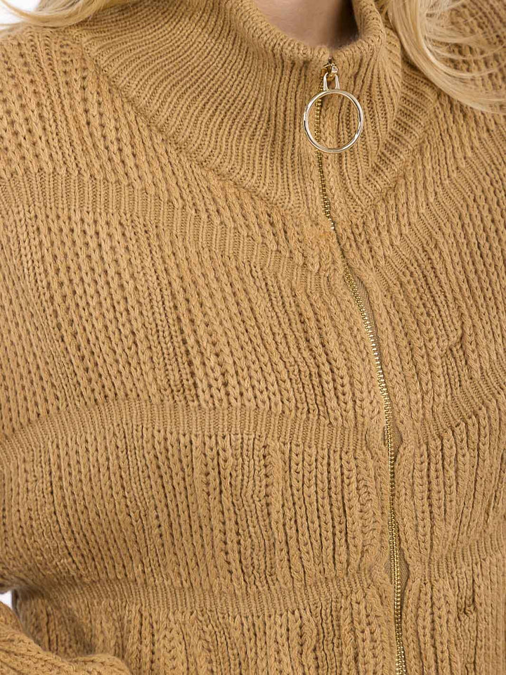 WOMEN'S LONG PUFF SLEEVE ZIPPER CLOSURE KNIT SWEATER