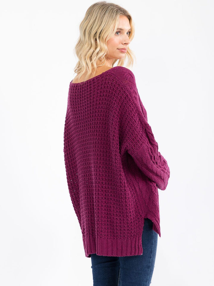 WOMEN'S LONG BELL SLEEVE V-NECK KNIT HIGH-LOW PULLOVER SWEATER