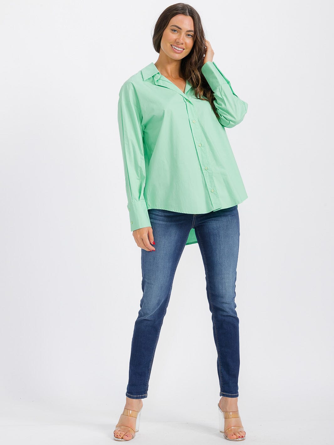 WOMEN'S LONG SLEEVE BUTTON UP HIGH-LOW BLOUSE