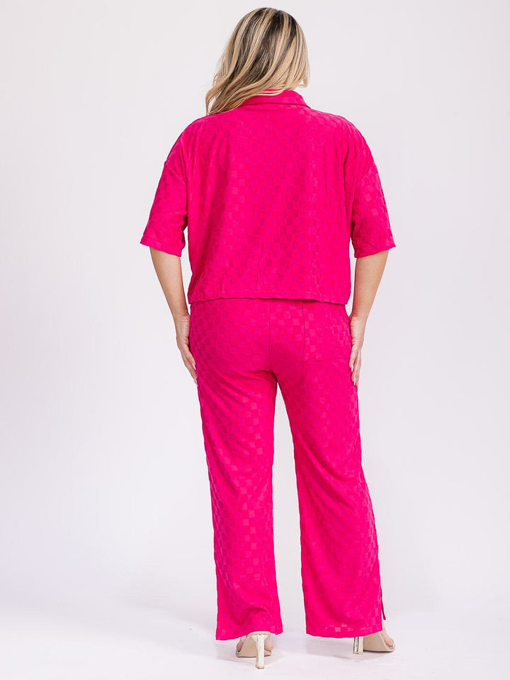 PLUS SIZE SHORT SLEEVE BLOUSE & ELASTIC WAIST WIDE LEG PANTS CHEKERS 2PC. SET