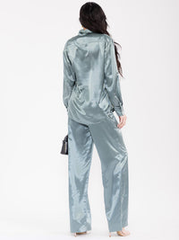 WOMEN'S LONG SLEEVE BLOUSE & ELASTIC WAIST PANTS SATIN 2PC. SET