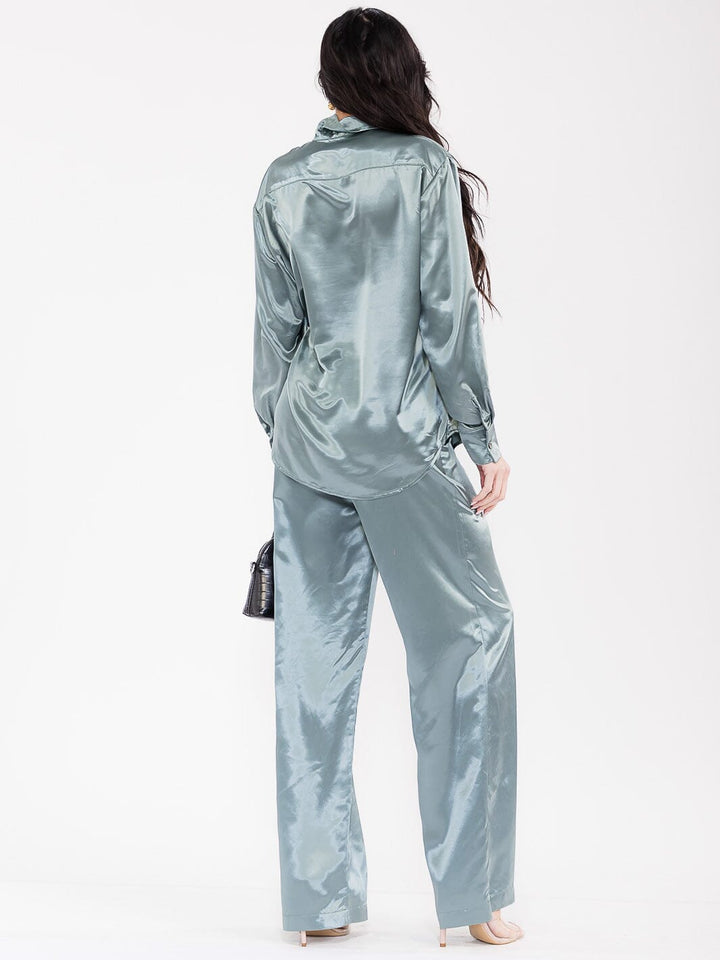 WOMEN'S LONG SLEEVE BLOUSE & ELASTIC WAIST PANTS SATIN 2PC. SET