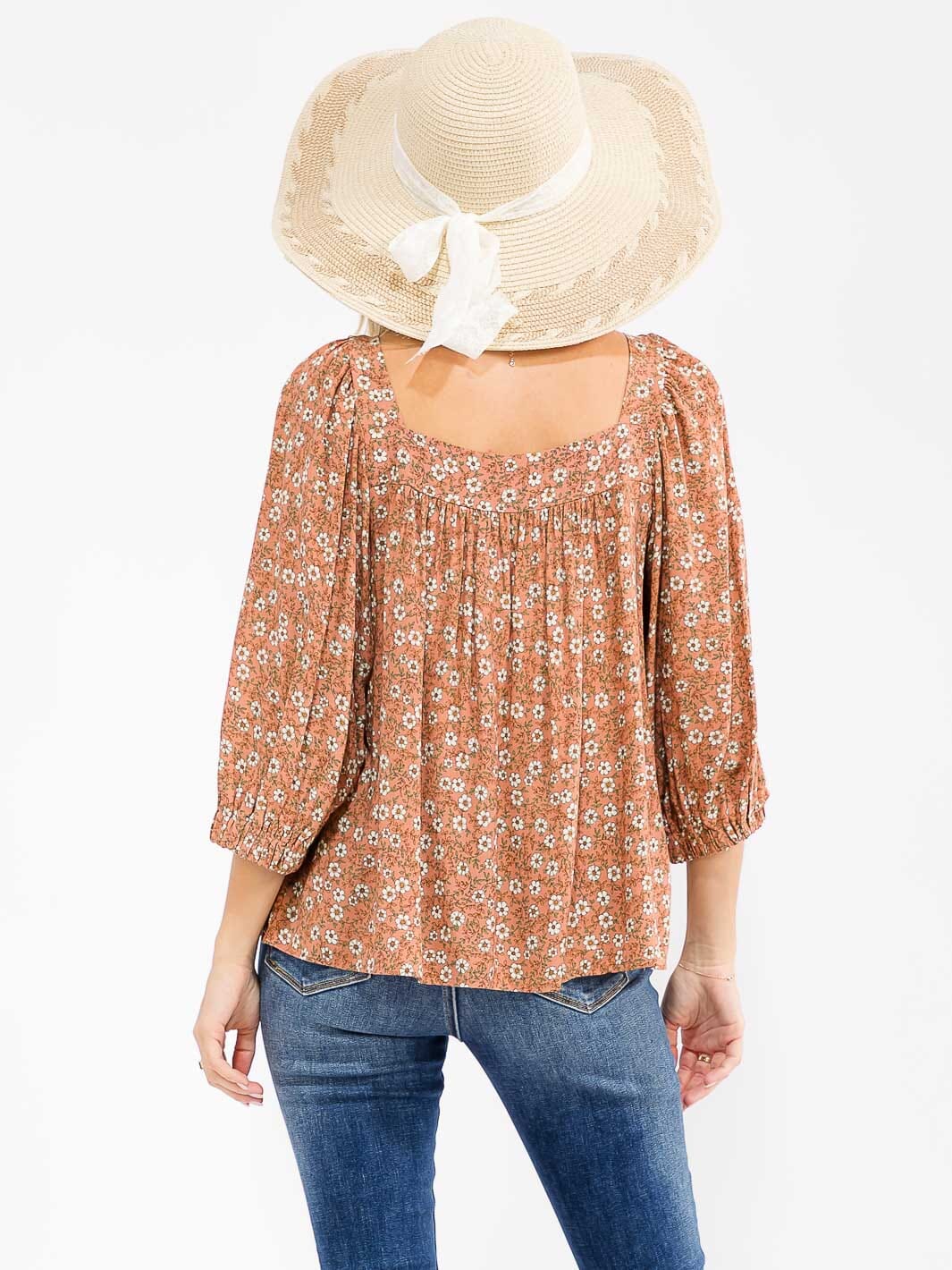 WOMEN'S 3/4 SLEEVE SQUARE NECK FLORAL TUNIC BLOUSE