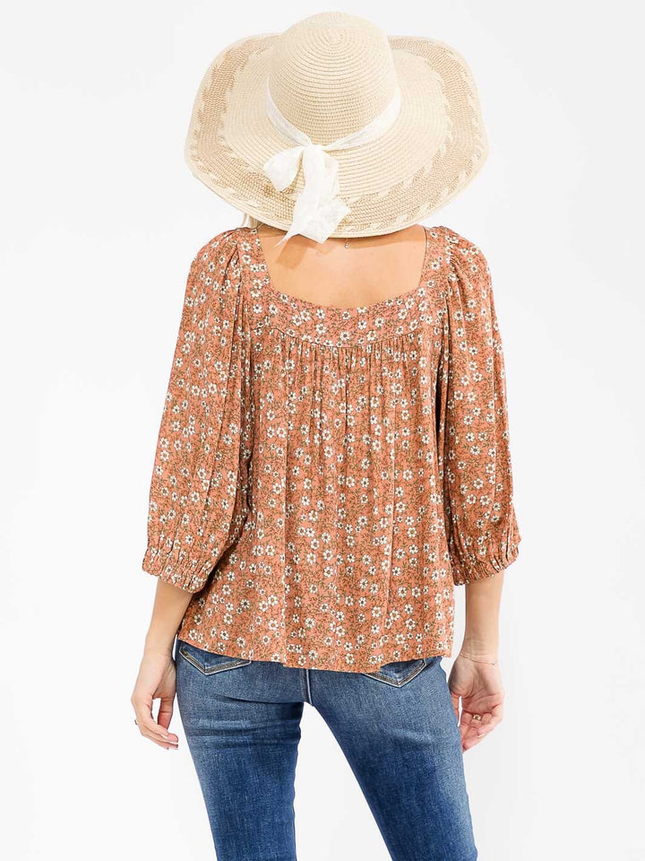 WOMEN'S 3/4 SLEEVE SQUARE NECK FLORAL TUNIC BLOUSE