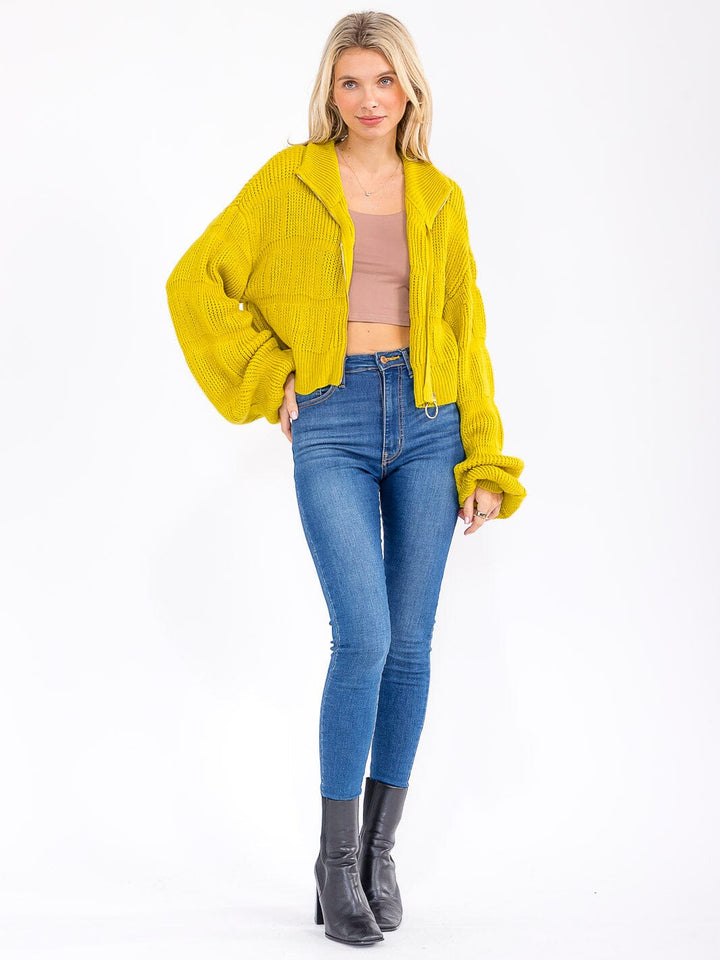 WOMEN'S LONG PUFF SLEEVE ZIPPER CLOSURE KNIT SWEATER