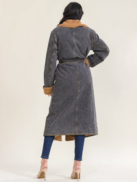 WOMEN'S LONG SLEEVE SELF TIE FRONT POCKET DENIM WASHED SHERPA CONTRAST COAT