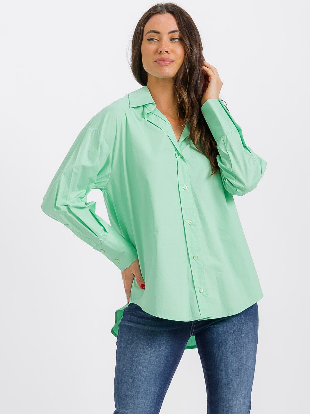 WOMEN'S LONG SLEEVE BUTTON UP HIGH-LOW BLOUSE