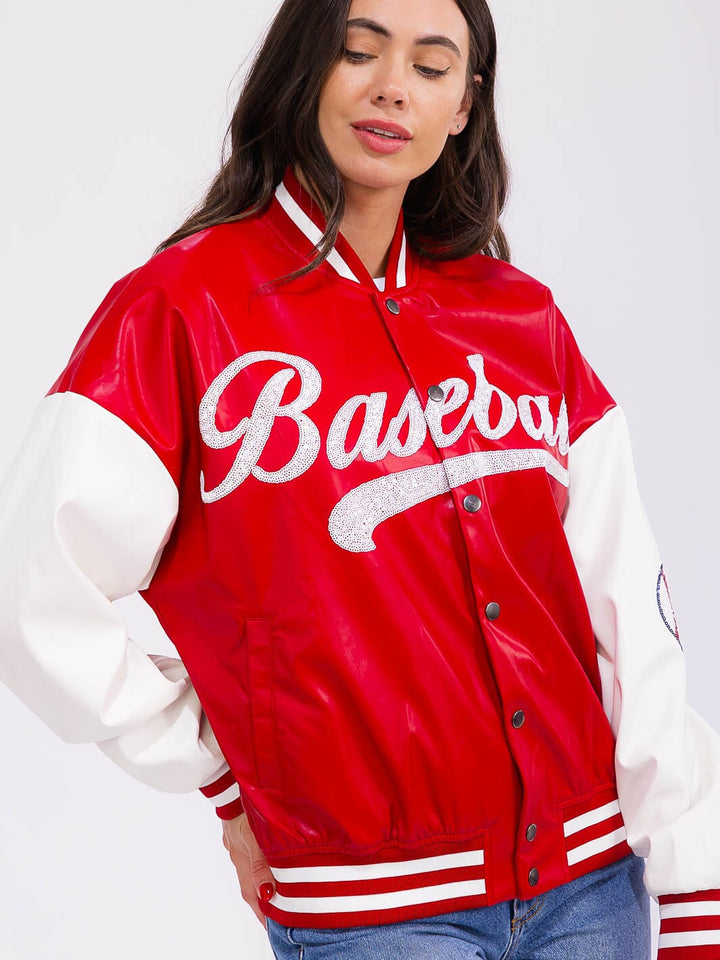 WOMEN'S LONG SLEEVE BUTTON CLOSURE FRONT POCKETS PU PLEATHER VARSITY JACKET