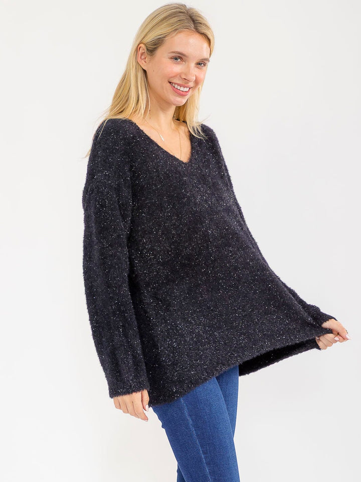 WOMEN'S LONG SLEEVE V-NECK PULLOVER SHIMMER SWEATER