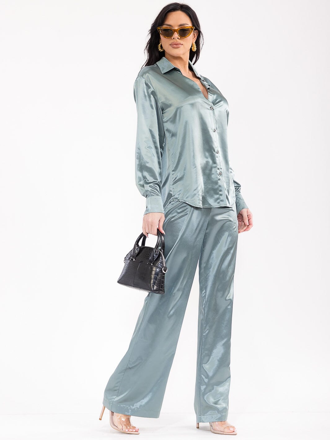 WOMEN'S LONG SLEEVE BLOUSE & ELASTIC WAIST PANTS SATIN 2PC. SET