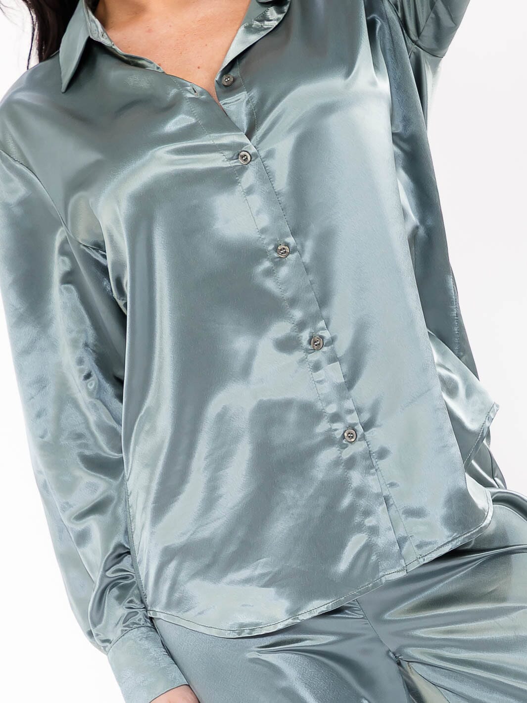 WOMEN'S LONG SLEEVE BLOUSE & ELASTIC WAIST PANTS SATIN 2PC. SET