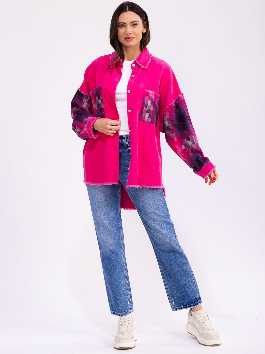 WOMEN'S LONG SLEEVE BUTTON CLOSURE FRONT POCKETS HIGH-LOW PRINT CORDUROY JACKET