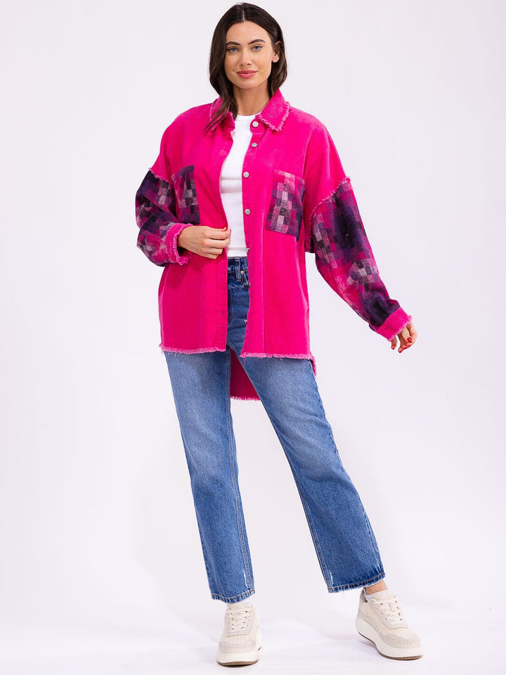 WOMEN'S LONG SLEEVE BUTTON CLOSURE FRONT POCKETS HIGH-LOW PRINT CORDUROY JACKET