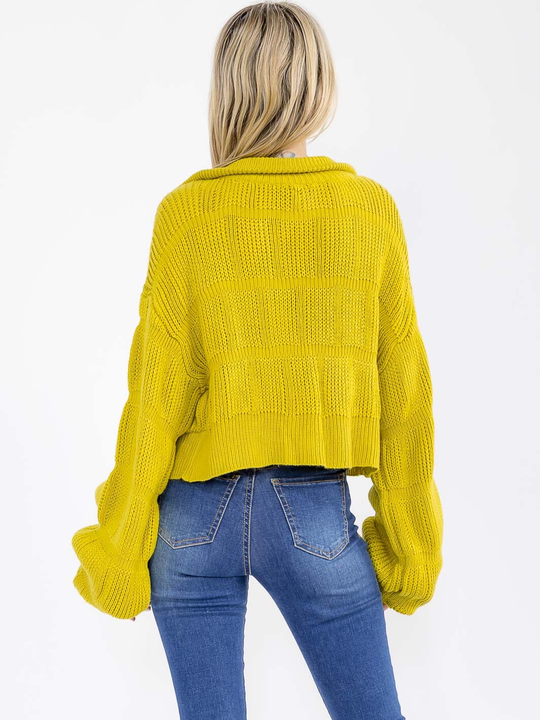 WOMEN'S LONG PUFF SLEEVE ZIPPER CLOSURE KNIT SWEATER