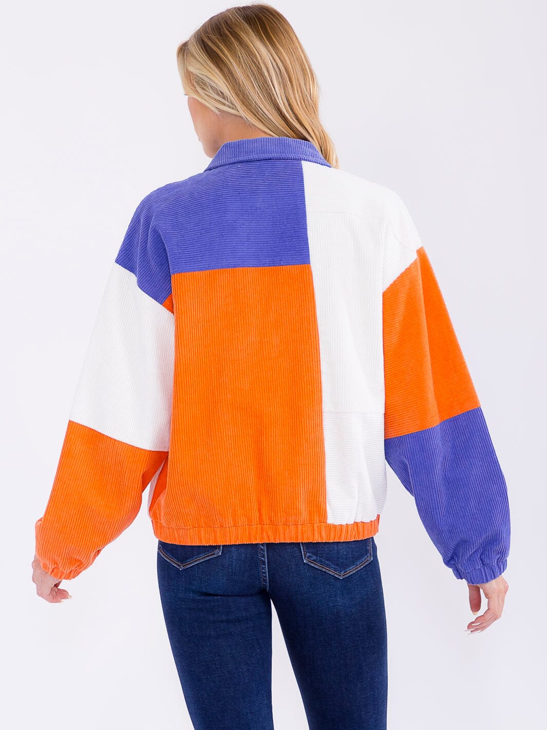 WOMEN'S LONG SLEEVE ZIPPER CLOSURE FRONT POCKETS COLORBLOCK CORDUROY JACKET