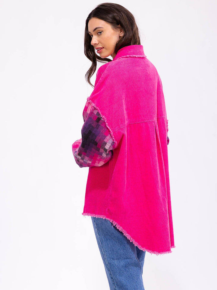 WOMEN'S LONG SLEEVE BUTTON CLOSURE FRONT POCKETS HIGH-LOW PRINT CORDUROY JACKET