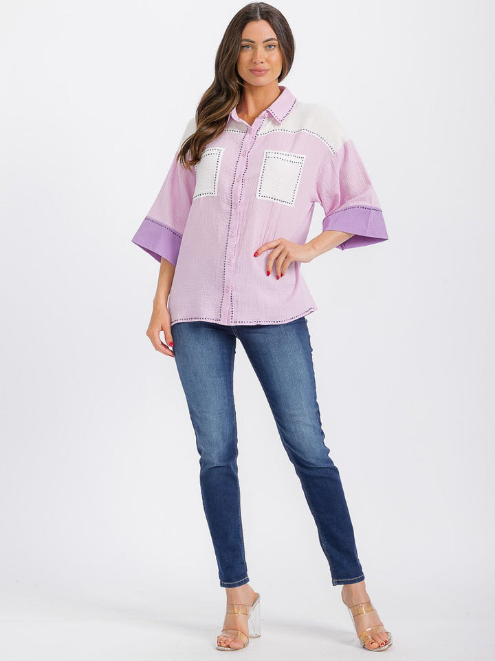 WOMEN'S SHORT SLEEVE BUTTON UP FRONT POCKET COLORBLOCK BLOUSE