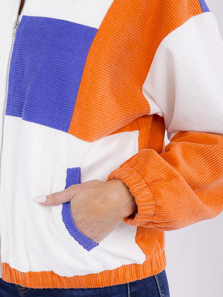 WOMEN'S LONG SLEEVE ZIPPER CLOSURE FRONT POCKETS COLORBLOCK CORDUROY JACKET
