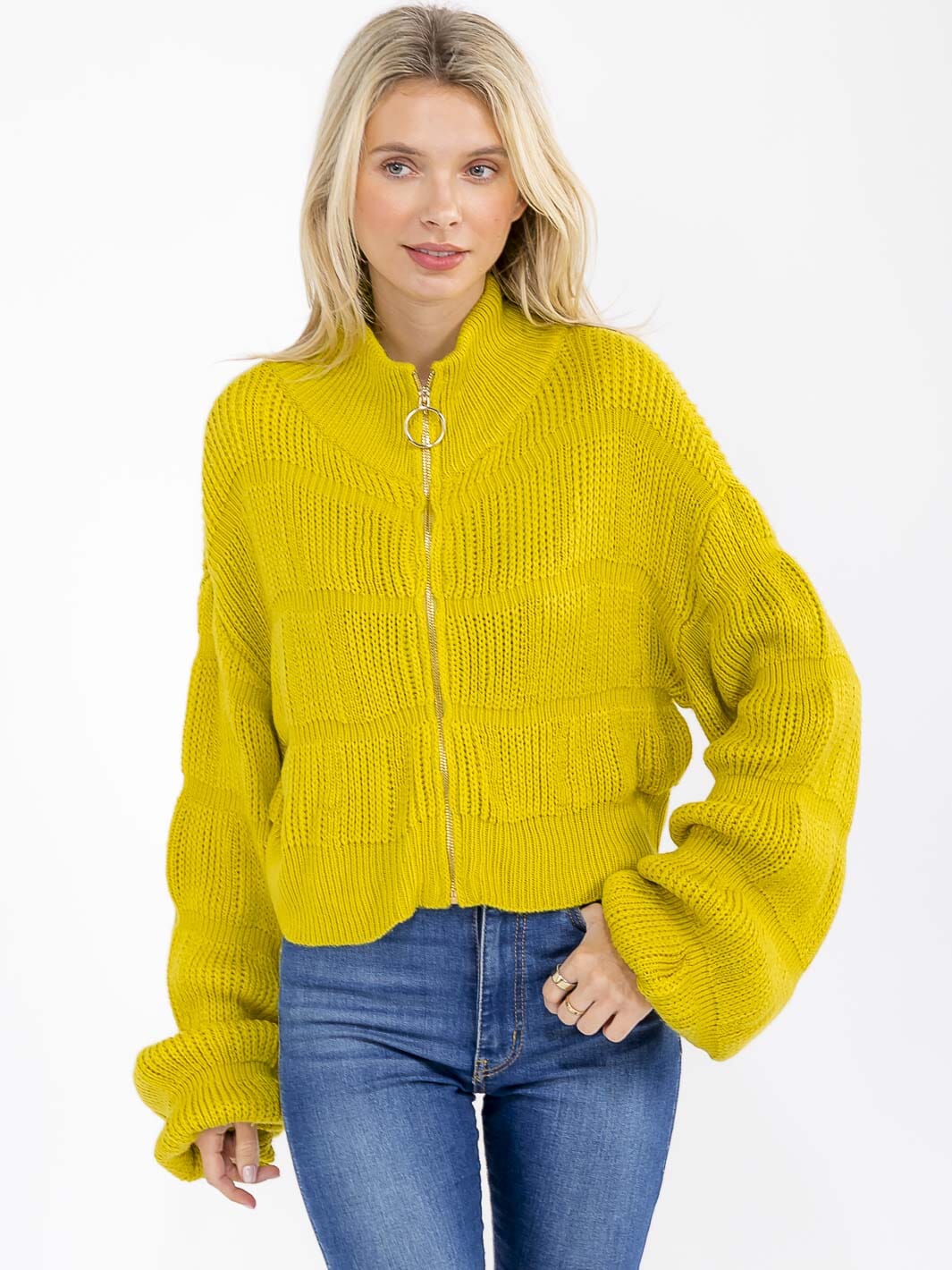 WOMEN'S LONG PUFF SLEEVE ZIPPER CLOSURE KNIT SWEATER