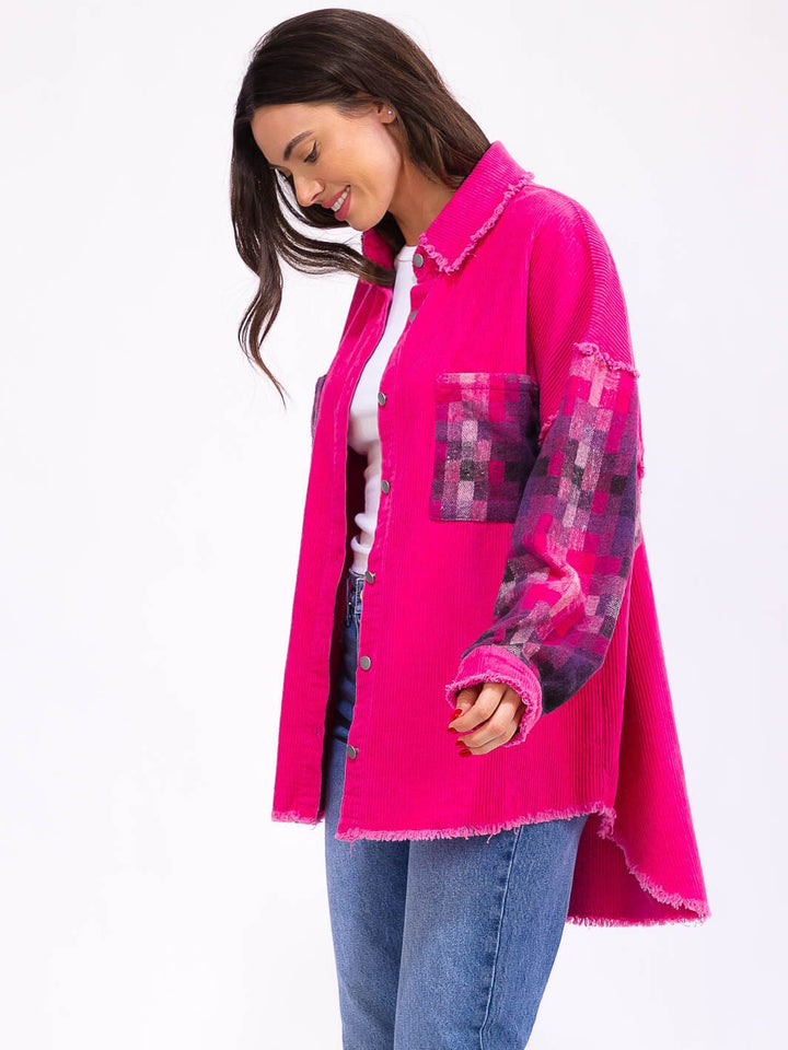 WOMEN'S LONG SLEEVE BUTTON CLOSURE FRONT POCKETS HIGH-LOW PRINT CORDUROY JACKET