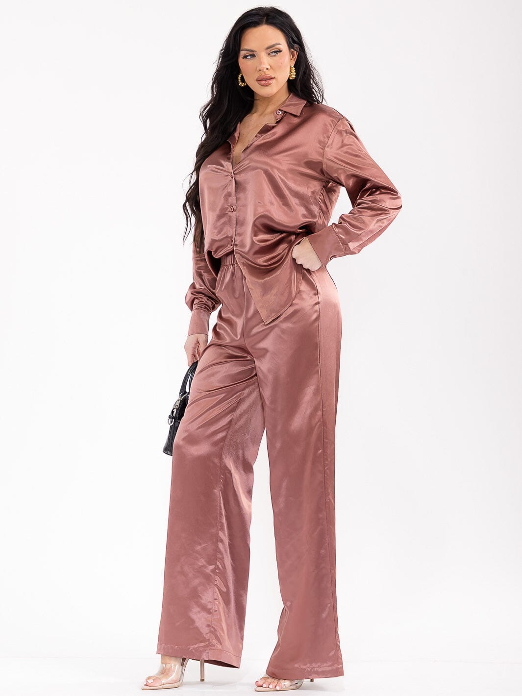 WOMEN'S LONG SLEEVE BLOUSE & ELASTIC WAIST PANTS SATIN 2PC. SET