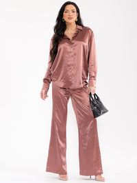 WOMEN'S LONG SLEEVE BLOUSE & ELASTIC WAIST PANTS SATIN 2PC. SET
