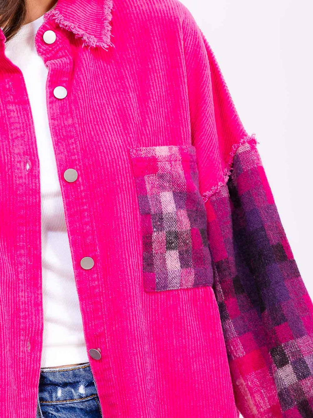 WOMEN'S LONG SLEEVE BUTTON CLOSURE FRONT POCKETS HIGH-LOW PRINT CORDUROY JACKET