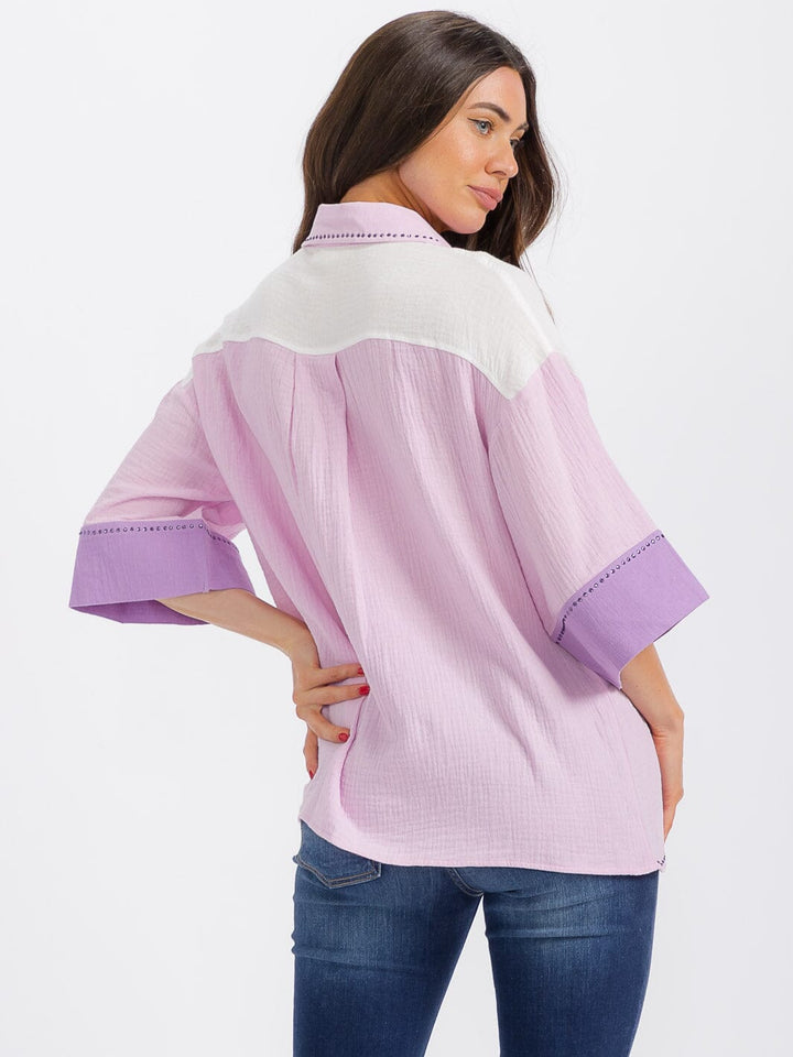 WOMEN'S SHORT SLEEVE BUTTON UP FRONT POCKET COLORBLOCK BLOUSE