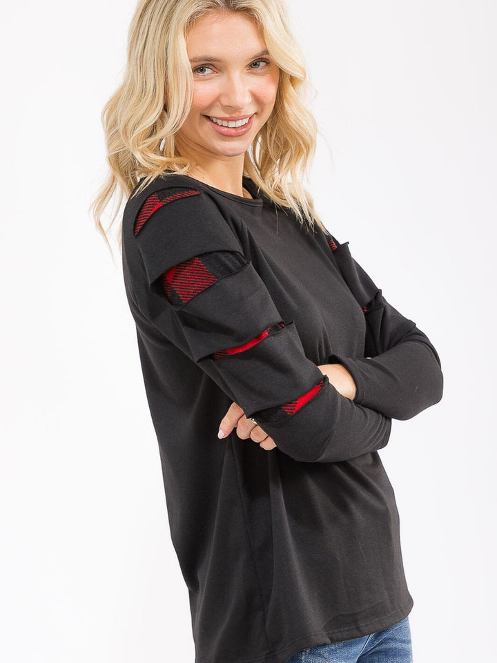 WOMEN'S LONG SLEEVE PLAID PRINT DETAILED LOOSE FIT TOP