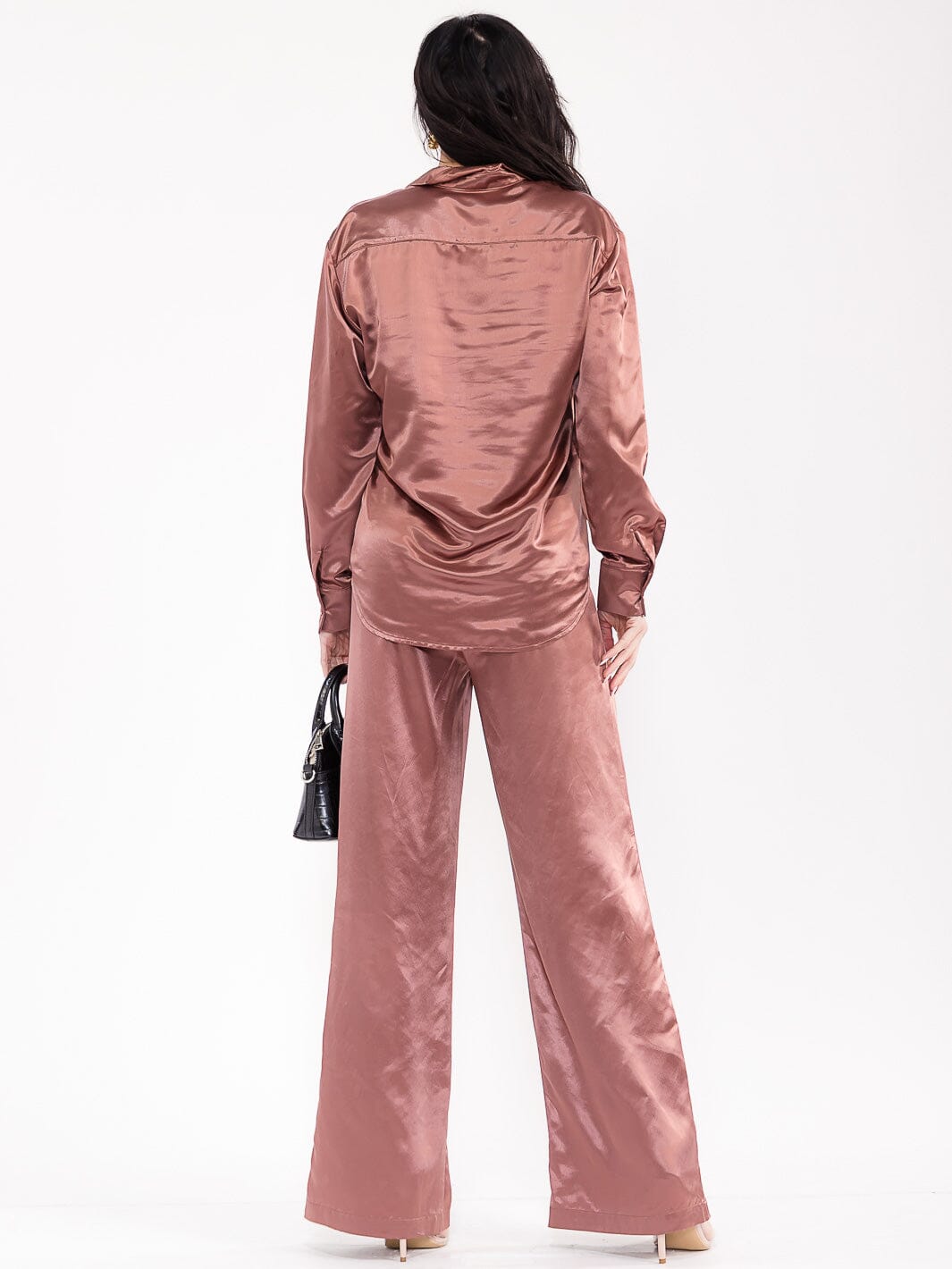 WOMEN'S LONG SLEEVE BLOUSE & ELASTIC WAIST PANTS SATIN 2PC. SET