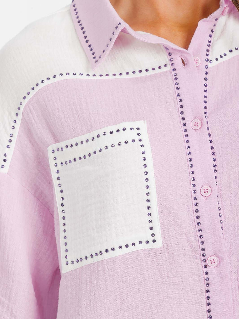 WOMEN'S SHORT SLEEVE BUTTON UP FRONT POCKET COLORBLOCK BLOUSE