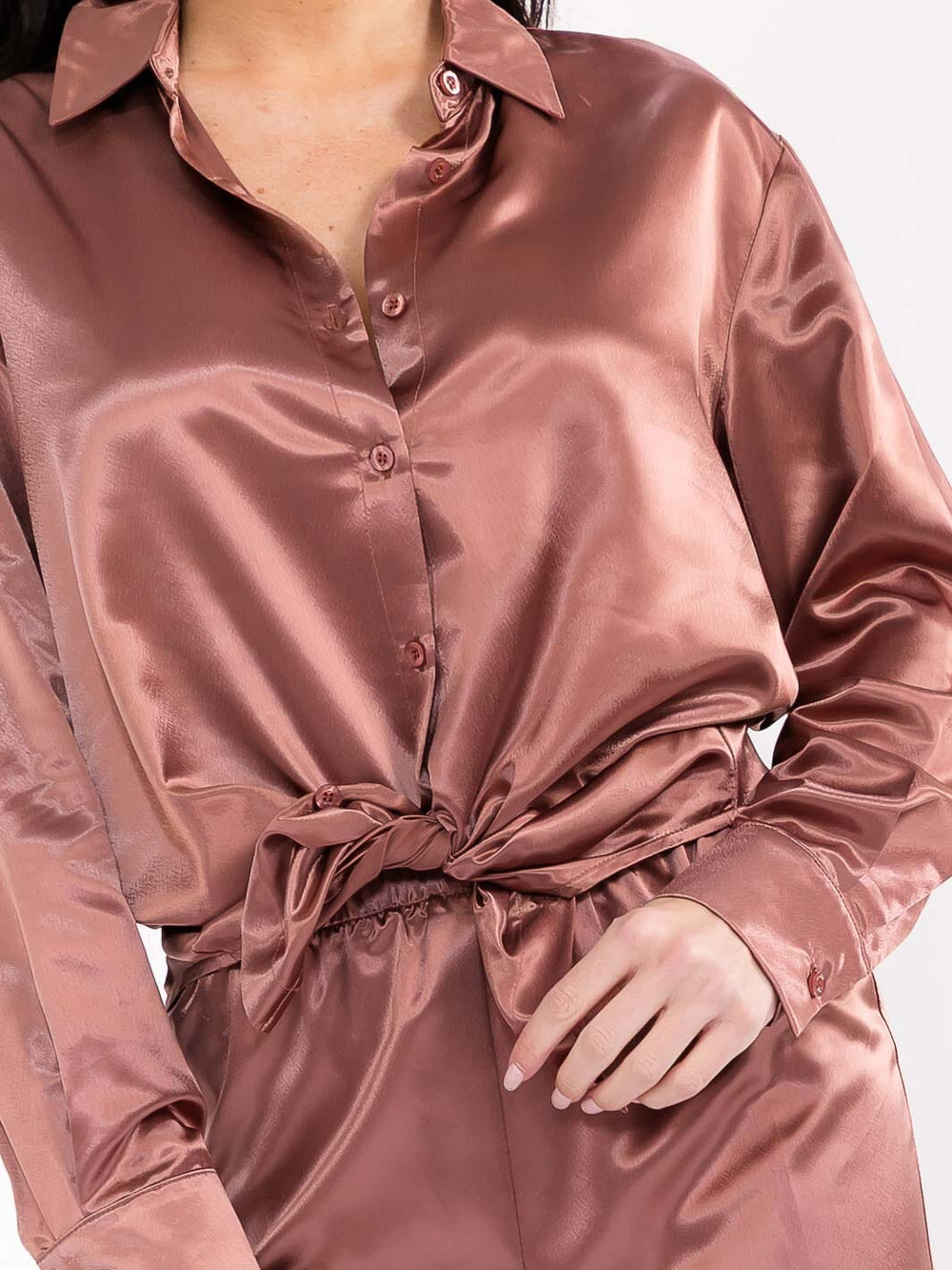 WOMEN'S LONG SLEEVE BLOUSE & ELASTIC WAIST PANTS SATIN 2PC. SET