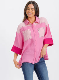 WOMEN'S SHORT SLEEVE BUTTON UP FRONT POCKET COLORBLOCK BLOUSE
