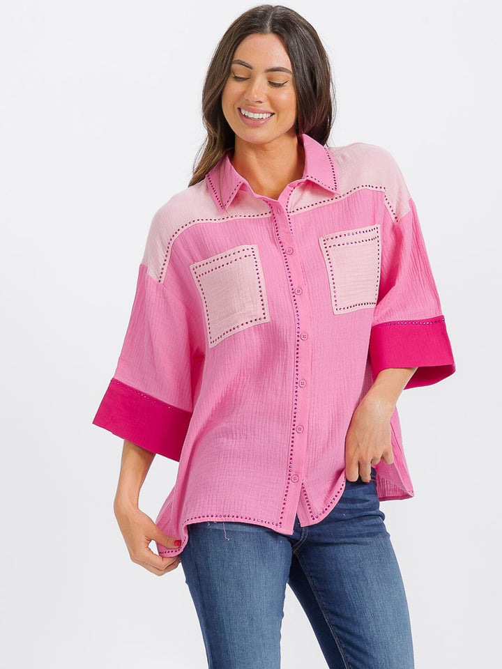 WOMEN'S SHORT SLEEVE BUTTON UP FRONT POCKET COLORBLOCK BLOUSE