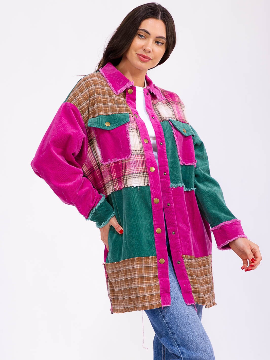 WOMEN'S LONG SLEEVE BUTTON CLOSURE FRONT POCKETS COLORBLOCK CORDUROY JACKET