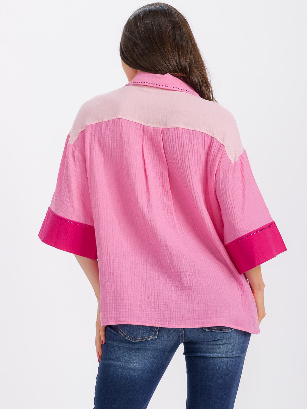 WOMEN'S SHORT SLEEVE BUTTON UP FRONT POCKET COLORBLOCK BLOUSE