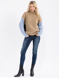 WOMEN'S LONG SLEEVE COLORBLOCK TURTLE NECK CABLE KNIT PULLOVER SWEATER