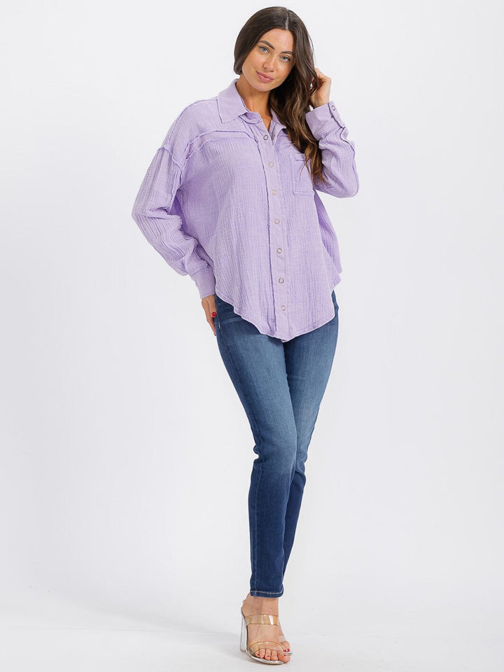WOMEN'S LONG SLEEVE BUTTON UP FRONT POCKET BLOUSE