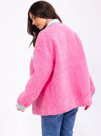 WOMEN'S LONG SLEEVE BUTTON CLOSURE FRONT POCKETS SHERPA JACKET