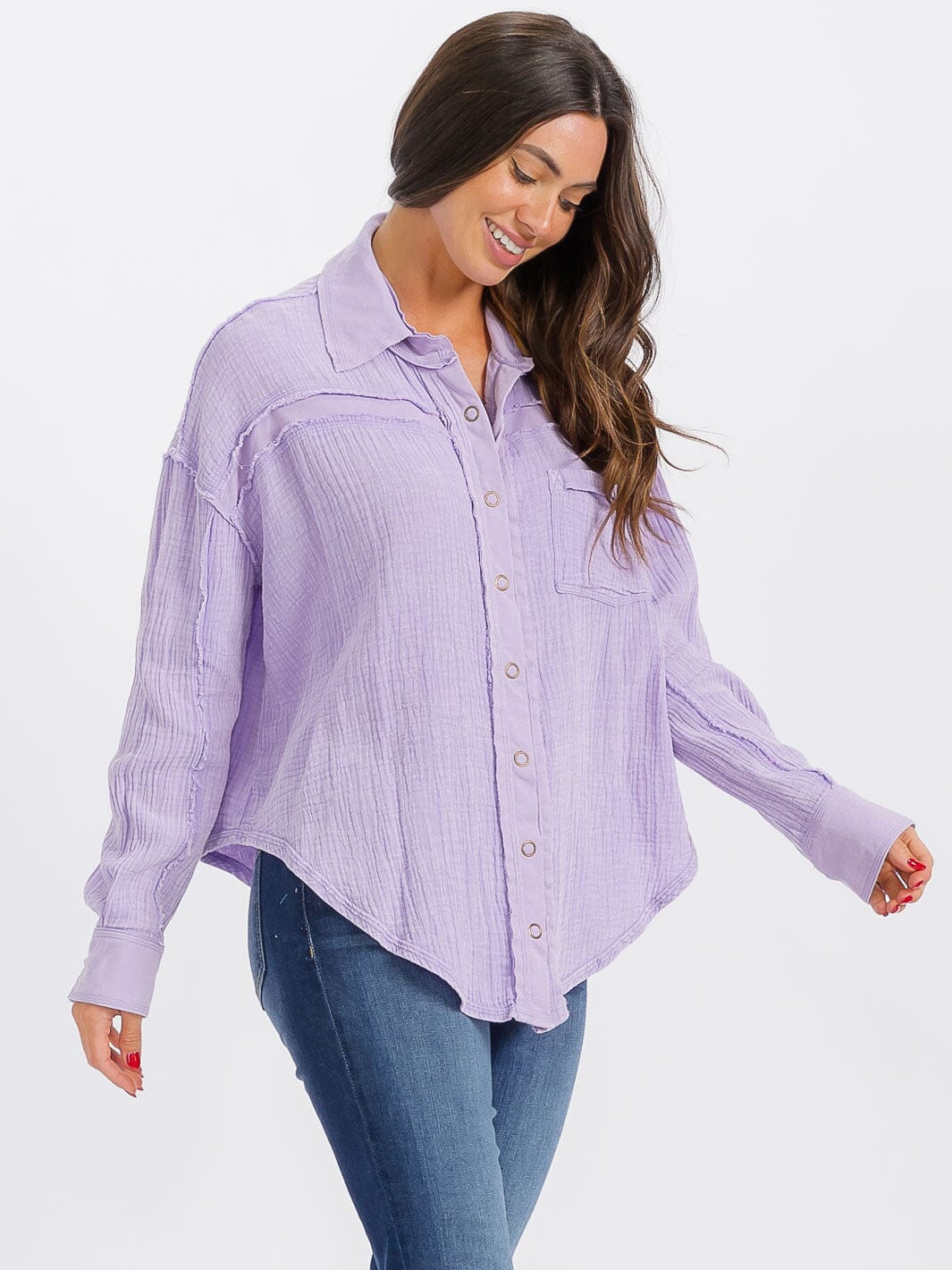 WOMEN'S LONG SLEEVE BUTTON UP FRONT POCKET BLOUSE