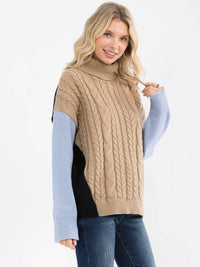 WOMEN'S LONG SLEEVE COLORBLOCK TURTLE NECK CABLE KNIT PULLOVER SWEATER