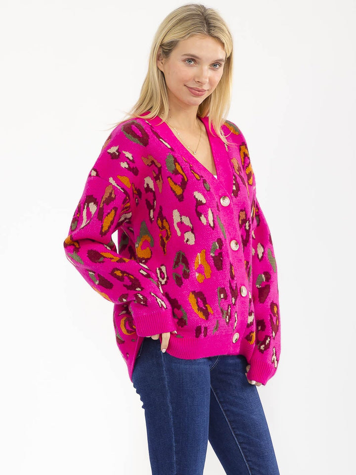 WOMEN'S LONG SLEEVE BUTTON CLOSURE ANIMAL PRINT CARDIGAN