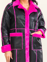 WOMEN'S LONG SLEEVE BUTTON CLOSURE FRONT POCKETS PU FAUX FUR COAT