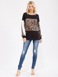 WOMEN'S LONG SLEEVE COLORBLOCK CONTRAST ANIMAL PRINT TOP